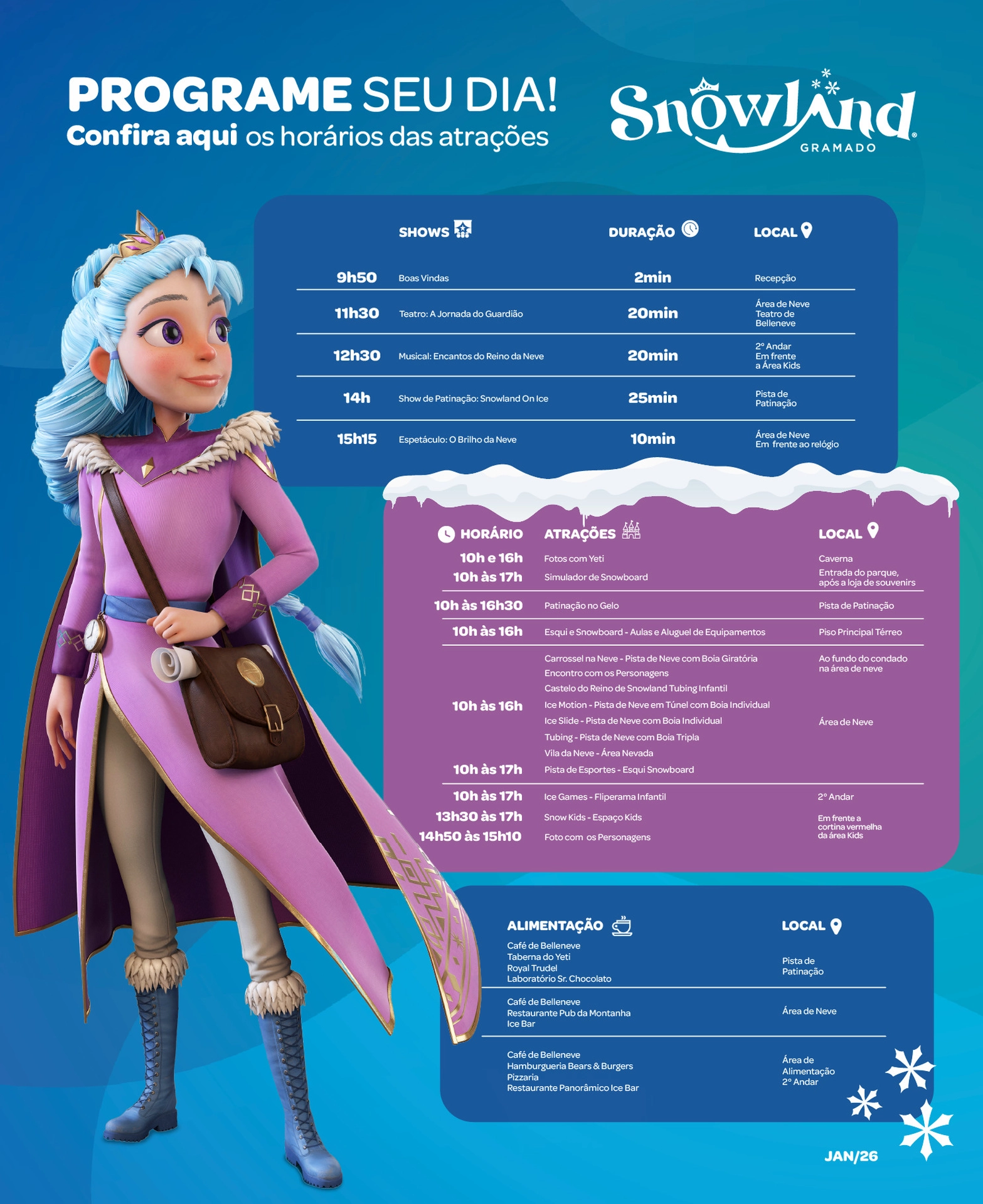 Programação de horários das atrações do Snowland